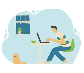 Man with laptop work on the home quarantine. Stay home, social distance, postive rest, online work, coronavirus protect concept design. Flat design cartoon man. Vector illustration.