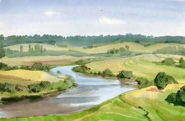Watercolor landscape with river, blue sky, clouds.