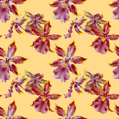 Obraz premium Orchid watercolor illustrations on color background. Seamless pattern with colorful flowers.
