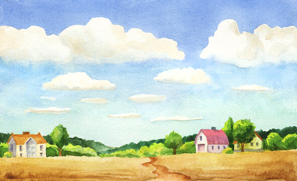 watercolor illustration of rural scene with big clouds, trees and houses and a road