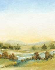 abstract watercolor painting with sky, field, trees, fog