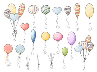 Cute hand drawn vector collection of baloons isolated on white background. Colorful funny elements for package, wrapping paper, banner, print, greetings card, gift, fabric, label, advertising, card.