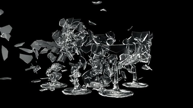 4K Slow Motion Animation of Set of Drink Glasses Explode on a black background with Alpha Matte