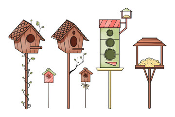 Cute hand drawn vector birdhouses and feeder collection isolated on white background. Graphic elements for package, wrapping paper, banner, print, card, gift, fabric, label, advertising, card, fabric.