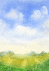 watercolor sky with abstract green grass loose landscape