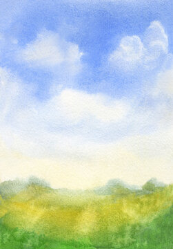 watercolor sky with abstract green grass loose landscape