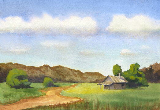 watercolor landscape with countryside road, little house, trees and hills