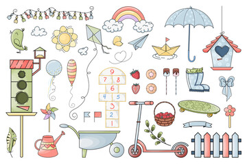 Large collection of vector hand drawn summer theme illustrations. Cute cartoon set of summertime elements which bring joy and happiness. For card, background, print, poster, advertising, fabric.