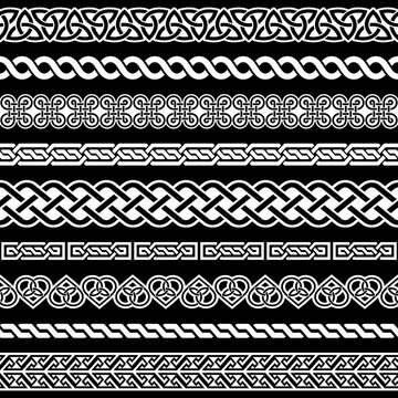 Irish Celtic vector seamless border repetitive pattern  set, braided frame designs for greeting cards, St Patrick's Day celebration in white on black
