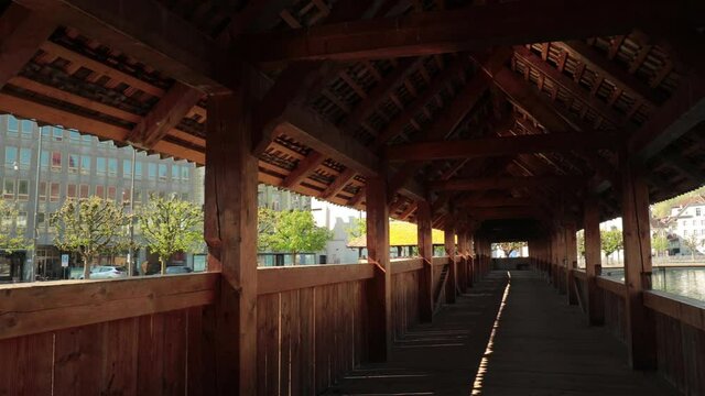 Inside empty Luzern bridge, panoramic - Coronavirus time