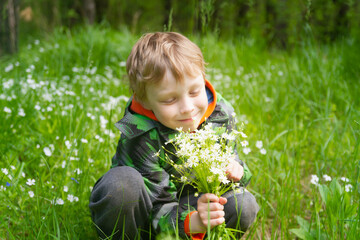 A European boy is holding a bouquet of white forest flowers. The child loves nature and admires beauty.