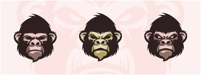 Gorilla head logo set. Design element for company logo, label, emblem, apparel or other merchandise. Scalable and editable Vector illustration © Pixelogan