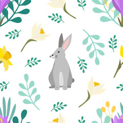 Seamless vector pattern with grey rabbit (bunny), spring flowers (narcissuses, crocuses) and leaves. Ideal for background, wallpaper,  wrapping paper, fabric.