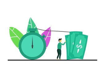 time is money concept, young character vector clock and dollar with leaf , payment work in hour. timer of financial market value in time . symbol of budget capital beneficial deposit illustration