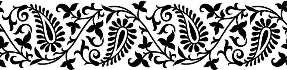 Abstract paisley border pattern with white background.