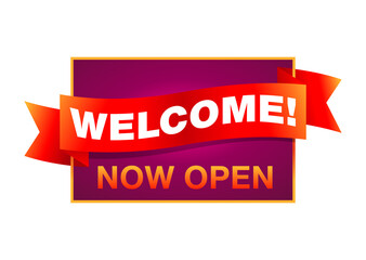 Welcome Now Open banner - poster element with vintage ribbon and sample invitation text