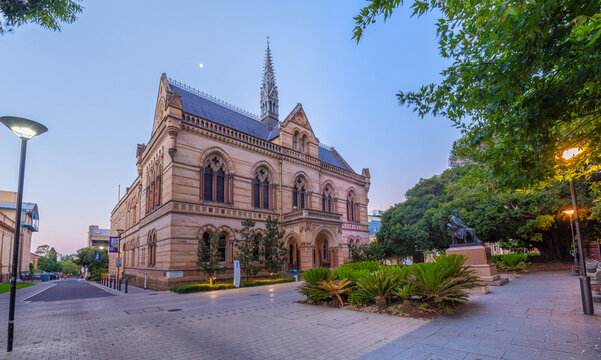 Sunset View Of Statue Of Sir Walter Hughes In Front Of The University Of Adelaide In Australia