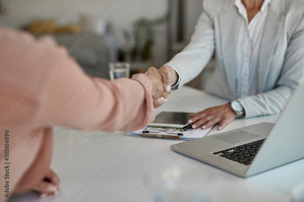 Poster Close-up of real estate agent shaking hands with her client.