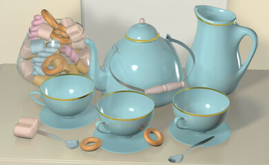 3d illustration of blue tea set with kettle cup and candy white still life