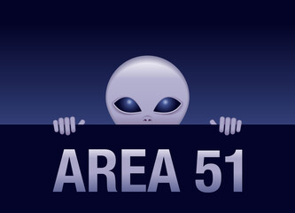Area 51 - gray alien looking out from behind the fence of secret territory - vector fantastic picture