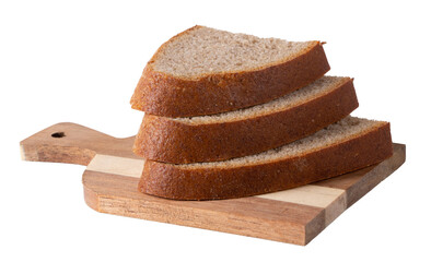 Slice of fresh rye bread on a wooden board isolated on white background. Close up.