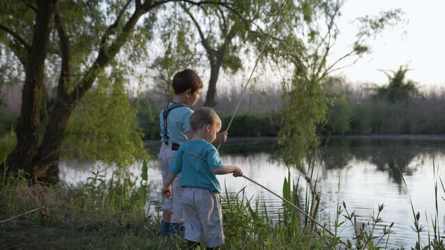 outdoor recreation, curious cheerful male children play with reeds in river near river on background of green trees while relaxing in countryside
