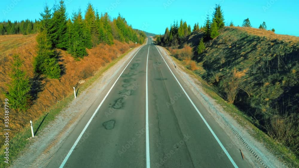 Poster drone flies above empty route spruce grow on the side of the road
