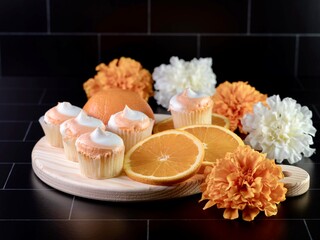 Mini orange creamsicle cupcakes with orange and white swirled frosting on a wooden cutting board with a fresh orange sliced next to it and white and orange artificial flowers on a black background.
