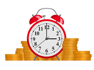Time is money - alarm clock and stack of money coins - isolated vector illustration 