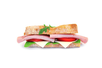 Sandwich with ham cheese and vegetables on white background