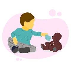 Vector illustration of a child playing with a teddy bear and giving a mask to the doll.