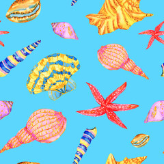 seashells on blue sea background seamless print, colorful beach pattern with watercolor elements.