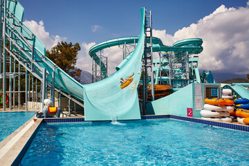 view of aquapark slides. water amusement park Dolusu.