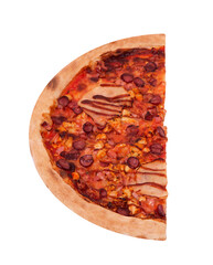 A half of delicious BBQ pizza with ham, bbq sauce, bacon and salami, isolated on white background, angle view