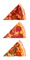 Set of three different slices of tasty italian pizza: spicy Mexico, Salami and pizza with vegetables, isolated on white background