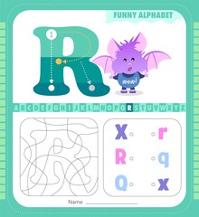 Letter R and funny cartoon bat. Alphabet a-z. Coloring page. Printable worksheet.	