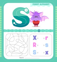 Letter S and funny cartoon bat. Alphabet a-z. Coloring page. Printable worksheet.