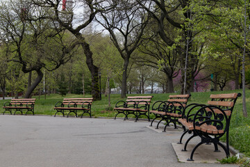 Queensbridge Park with Empty Benches during Spring in Long Island City Queens New York