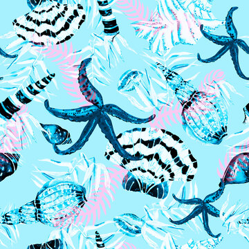 tropical beach seamless pattern with seashells on a blue background