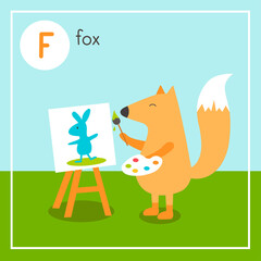 Cute animal alphabet for ABC book. Vector illustration of cartoon animals. Letter F. Fox with paints, paints a portrait of a hare with a brush on an easel