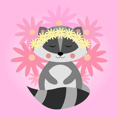 Cute raccoon with flowers. North American raccoon, native mammal. Cartoon animal design. Flat vector illustration isolated on yellow background. Forest inhabitant. Wild animal with grey fur.