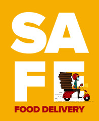 Safe Food Delivery template Design. Safe Food Poster Concept. Vector illustration of delivery rider wearing mask