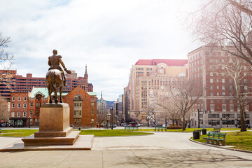 Fototapeta na wymiar East Capitol Park and statue of General Philip Sheridan from back towards state street, Albany, USA