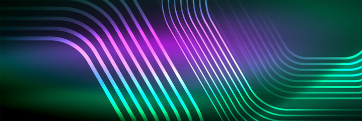 Shiny neon lines, stripes and waves, technology abstract background. Trendy abstract layout template for business or technology presentation, internet poster or web brochure cover, wallpaper