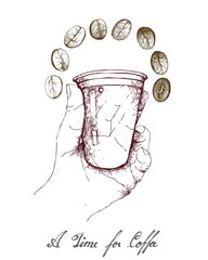 A Time for Coffee, Illustration Hand Drawn Sketch of Hand Holding Takeaway Coffee in A Disposable Cup with Assorted Roasted Coffee Beans Isolated on White Background.