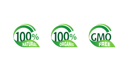 100 natural, 100 organic, GMO free - mark for healthy food, vegetarian nutrition - vector sticker set