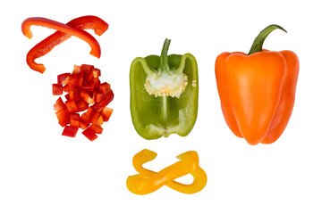 Set of bell peppers of different colors, isolated on white background. Fresh vegetable whole, cut slices, in a half and cut into small pieces
