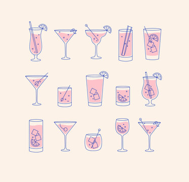 Alcohol drinks and cocktails icon flat set beige