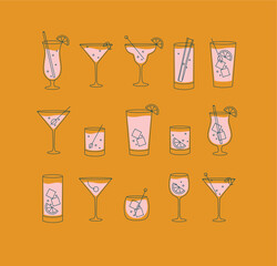 Alcohol drinks and cocktails icon flat set orange