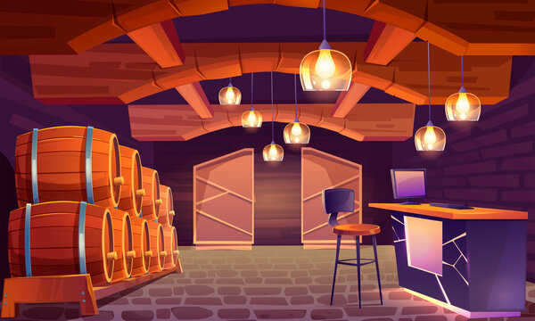 Wine shop, cellar interior with wooden barrels, brick walls and floor, lamps in shape of wineglass. Alcohol beverage store with pc on counter desk and high stool, basement. Cartoon vector illustration